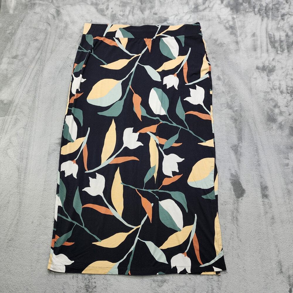 Liz Claiborne‎ Skirt Womens XL Black Multicolor Floral Midi A-Line Side Slit